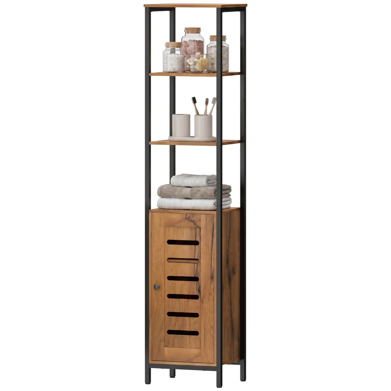 kleankin Mobile Bagno Alto Stretto, Mobiletto Bagno Salvaspazio con Ante Soft Close a Persiana, 3 Ripiani Aperti, Ripiani Regolabili, Marrone Rustico