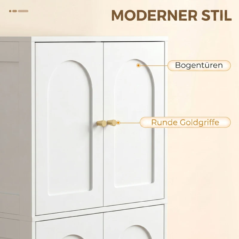 HOMCOM Küchenschrank, Hochschrank mit 2 verstellbaren Regalböden, Küchenbuffet mit 4 gewölbten Türen 60 x 30 x 110 cm, Weiß