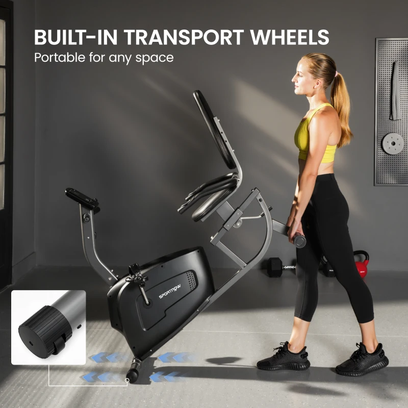 SPORTNOW Vélo d'Appartement Semi-Allongé avec Roues, Résistance Magnétique et Siège Réglable, 132x62x100cm, Noir