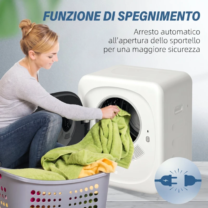 HOMCOM Mini Asciugatrice Portatile 4 kg, 5 Programmi, 800W, Carica Frontale, Tamburo in Acciaio Inox, per Casa, Bianco