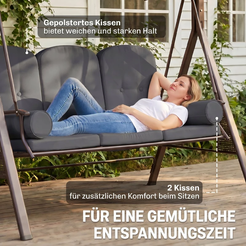 Outsunny Hollywoodschaukel 3-Sitzer Gartenschaukel mit Sonnendach Tablett Sitzauflage  bis 360kg Dunkelgrau