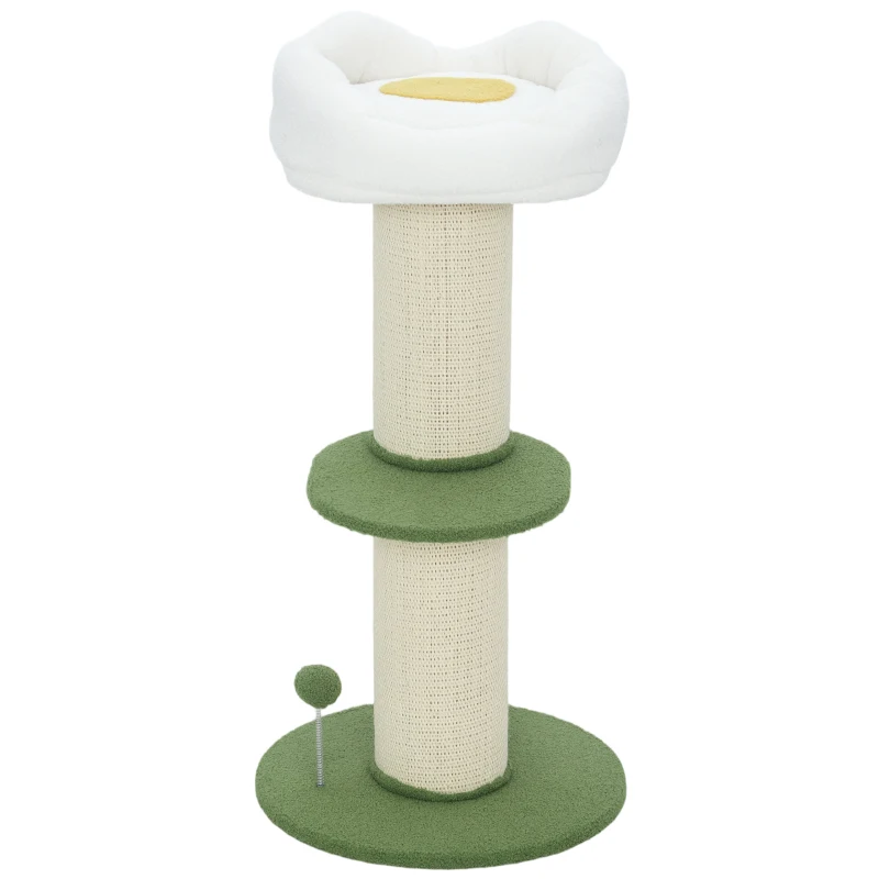 PawHut Arbre à chat à fleurs à 3 niveaux, tonneau à gratter pour chats plateforme et balle poteau en sisal, Ø 45 x 92 cm, vert