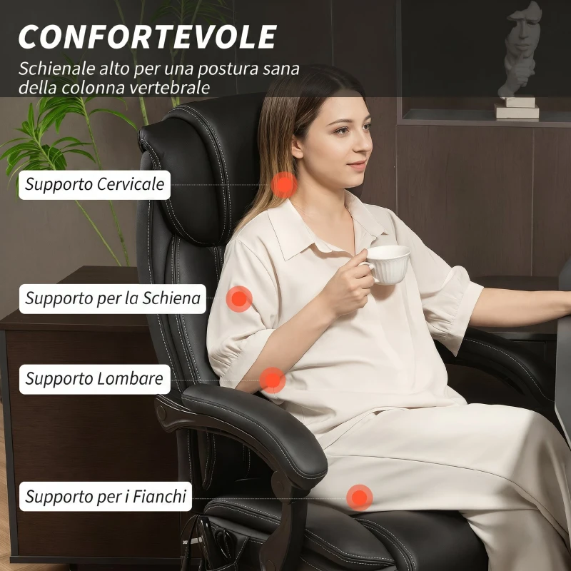 HOMCOM Sedia da Ufficio Massaggiante e Riscaldata, Reclinabile in Pelle PU, con Telecomando e Poggiapiedi, Nero