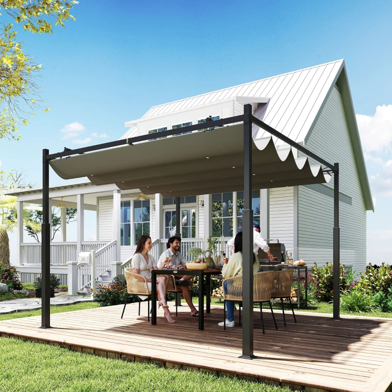 Outsunny Pergola ca. 3x3 m Freistehend Terrassenüberdachung mit Schiebedach, magnetisches Pad, 8 cm Säule UV-beständig