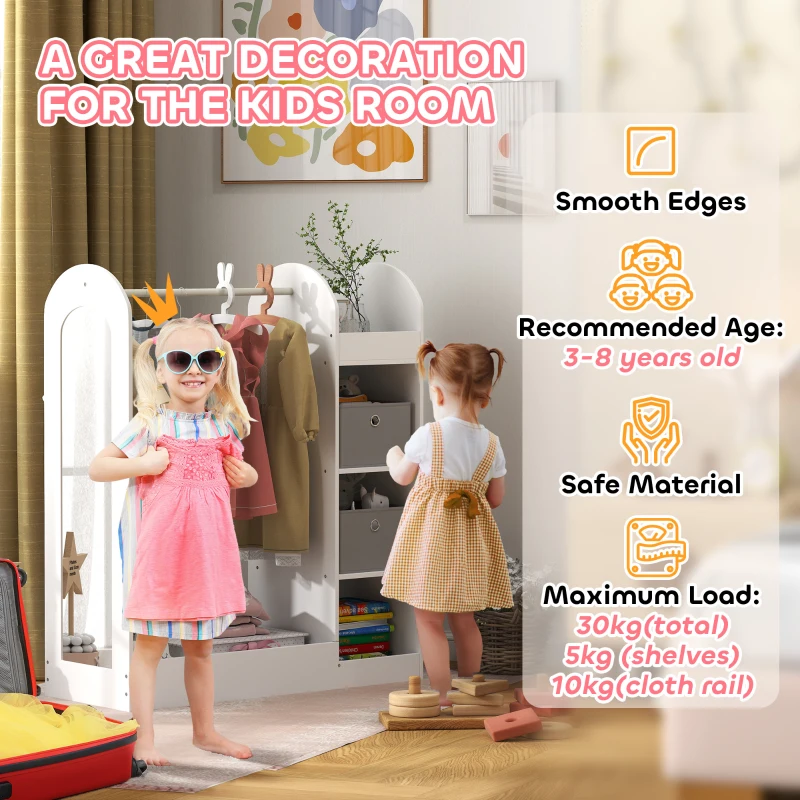 AIYAPLAY Appendiabiti per Bambini 3-8 Anni con Ripiani, 2 Scatole, Asta Appendiabiti e Specchio, Capacità 30 kg, Bianco