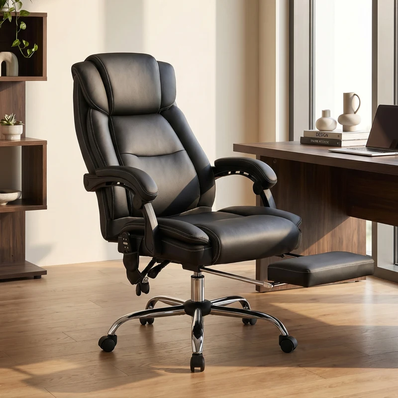 HOMCOM Bürostuhl Ergonomisch mit Massagefunktion Schreibtischstuhl mit Fußstütze, Kunstleder Schwarz