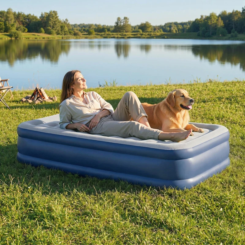 Outsunny Inflatable Mattress, Single Air Bed with Built-in Electric Pump, 3 Mins Inflation, Flocked Surface, Grey
