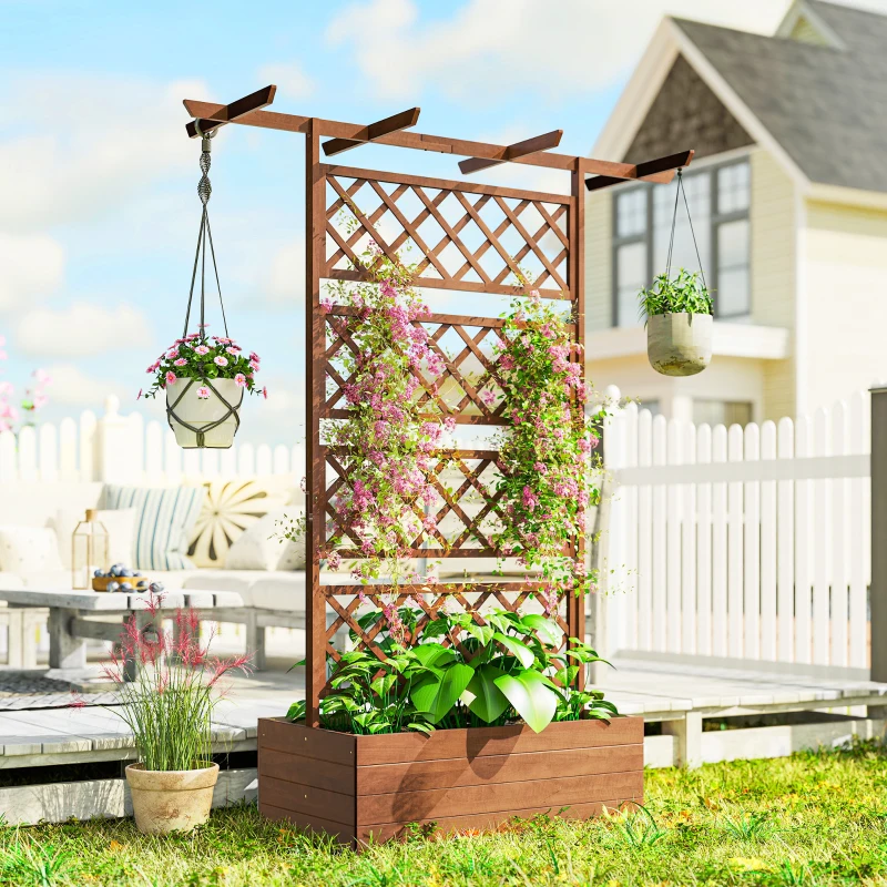 Outsunny Jardinière Surélevée avec treillis et Barres de Toit, bac à fleurs Trous de Drainage, tissu non tissé effet bois naturel
