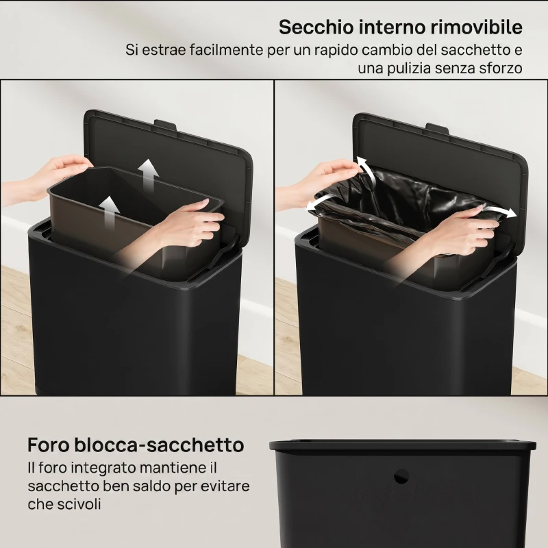 HOMCOM Cestino Spazzatura da 8L con Coperchio in Acciaio Inox e Secchio Interno Rimovibile, 29.7x17.4x30 cm, Nero