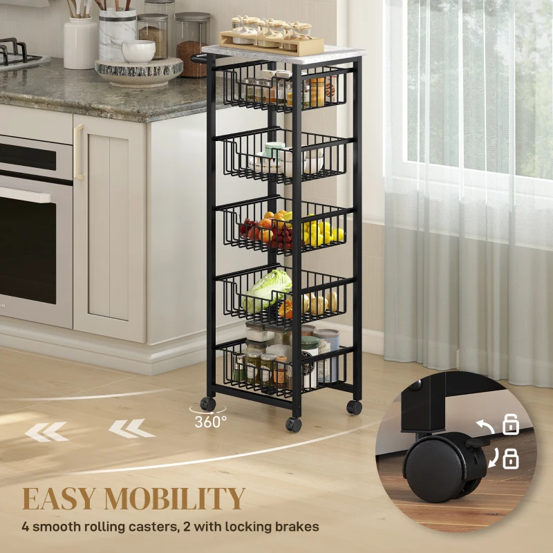 HOMCOM Five Basket Mobile Kitchen Island, with Brakes - Grey/Black