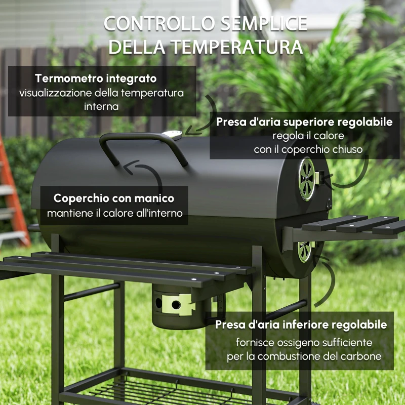 Outsunny Barbecue a Carbone in Acciaio Smoker con Coperchio, Maniglie, Termometro e Ruote, 114x65x95 cm, Nero