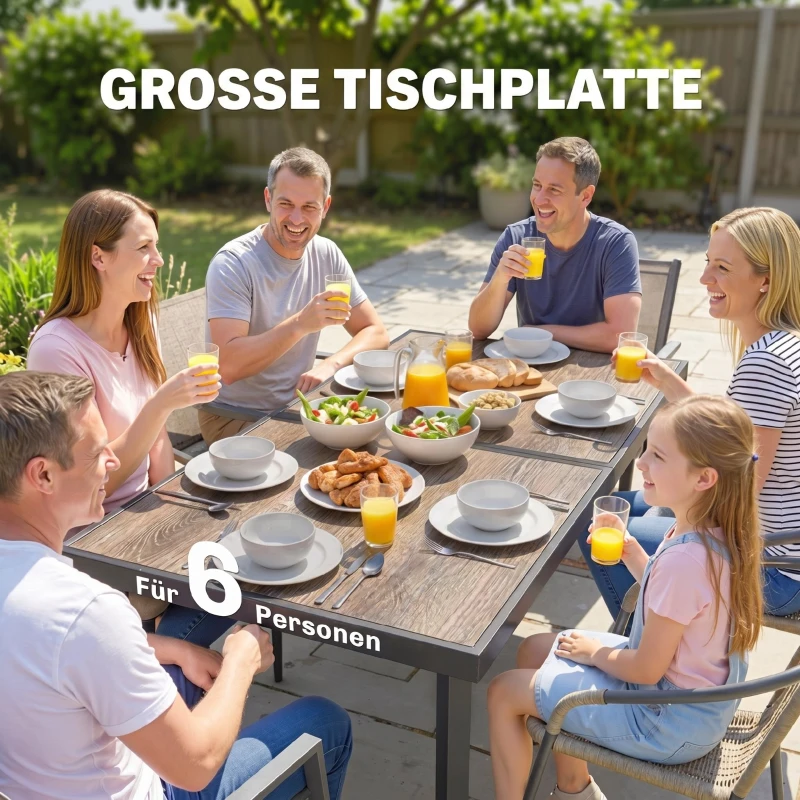 Outsunny Outdoor Tisch für 6 Personen, Holzoptik, Metallrahmen, wetterfest, 145 x 85 x 72 cm, Grau