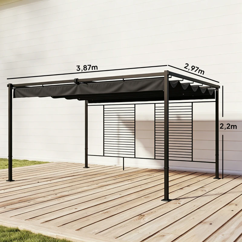 Outsunny Pergola 3,87 x 2,97 m Terrassenüberdachung mit Schiebedach, 2 Sichtschutz, UV 50+ Dunkelgrau