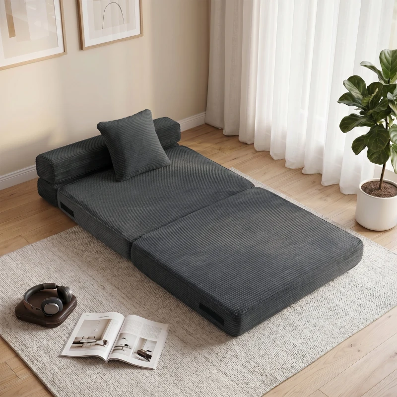 HOMCOM 2 en 1 Silla de Suelo Sillón Cama Plegable con Aspecto de Pana y Cojín Lumbar Gris Oscuro