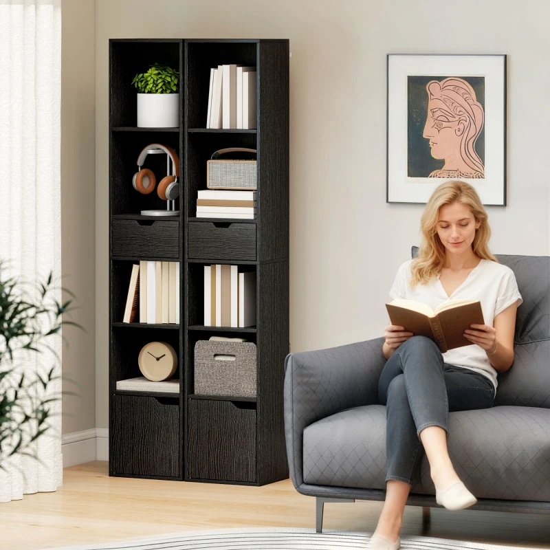 HOMCOM Bibliotecă cu 4 Rafturi Deschise, Dulap și Sertar, 30x24x158 cm, Negru