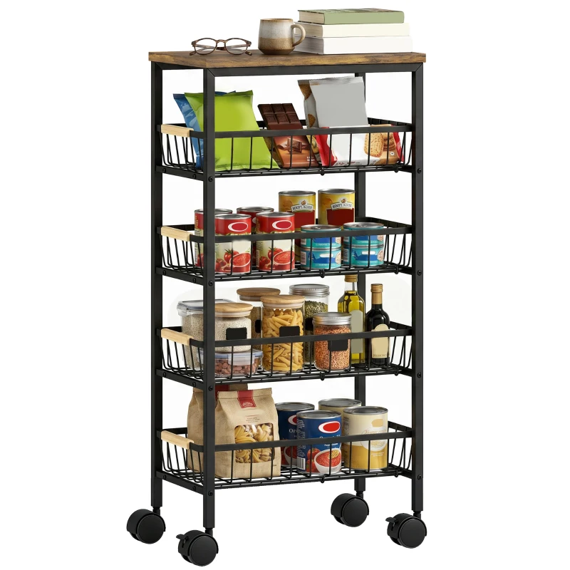 HOMCOM Beistellwagen auf Rollen 4 herausnehmbare Körbe Belastung 15 kg Metallrahmen für Esszimmer 40x24x81,5 cm Rustikales Braun