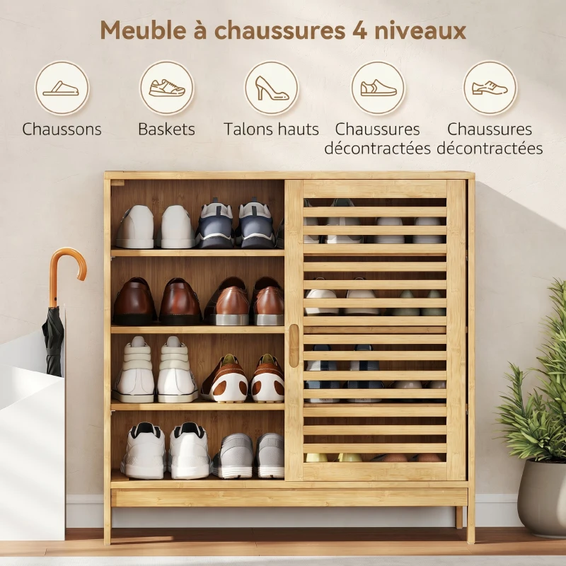 HOMCOM Meuble à chaussures en bambou 16 paires, armoire à chaussures, 2 portes coulissantes, étagères réglables, bois naturel