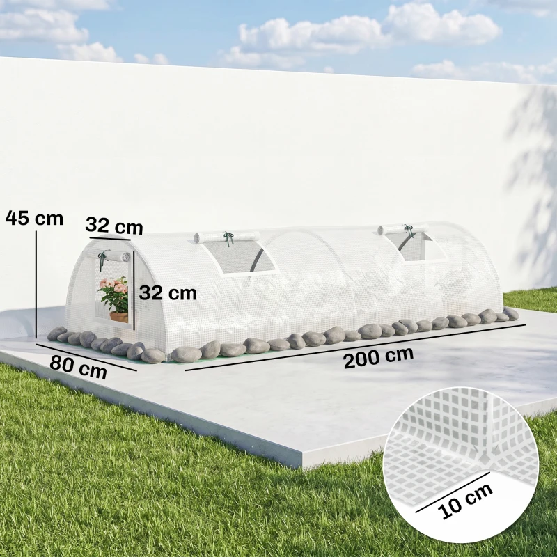 Outsunny Foliekas, Mini-Tunnelkas met Net-Vensters, UV-bestendig, Kunststof-Folie, 200 x 80 x 45 cm, Wit
