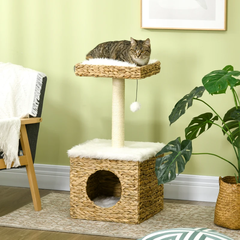 PawHut Árvore para gatos 2 níveis com 1 toca 1 poste em sisal 1 plataforma de observação e 1 pompom suspenso jacinto-de-água