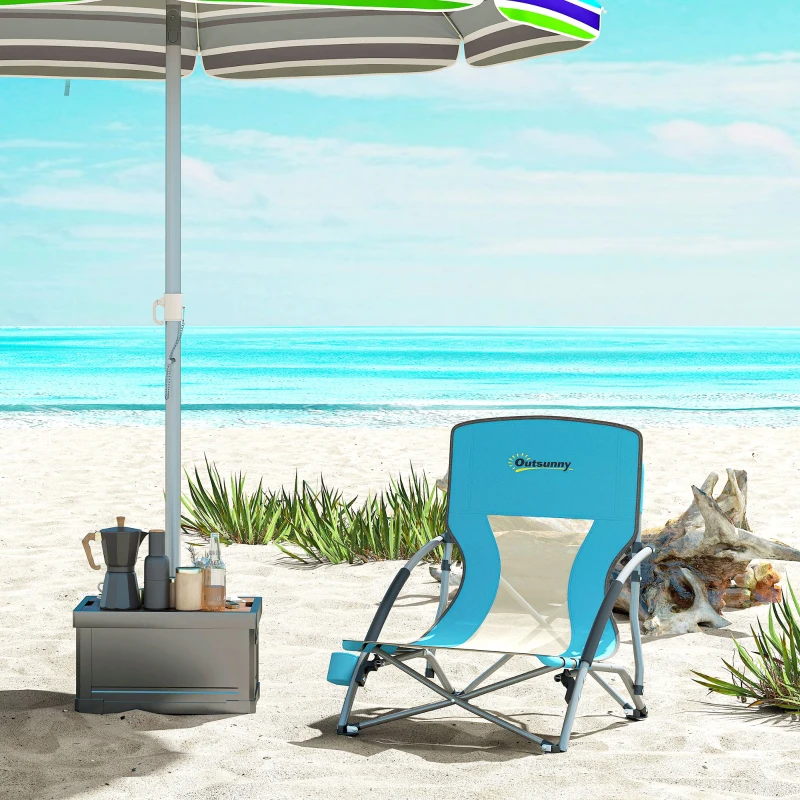 Outsunny Cadeira de praia dobrável cadeira de campismo dobrável leve saco de transporte porta-copos 58 x 55 x 62 cm azul
