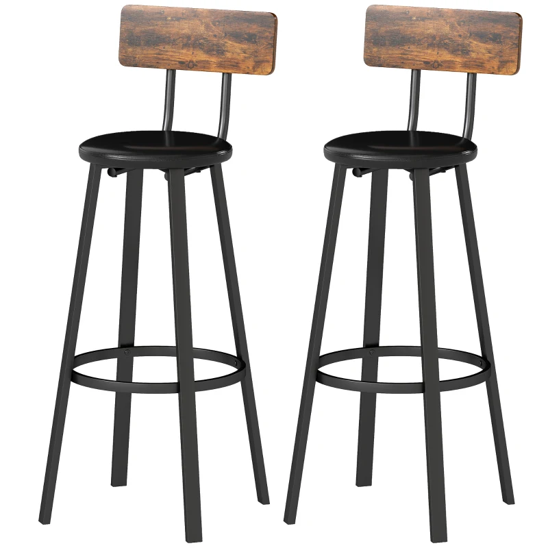 HOMCOM Barhocker 2er Set Tresenhocker Barstuhl mit Fußstütze, Rückenlehne, 75,5 cm Sitzhöhe für Küche & Theke Rustikal Braun