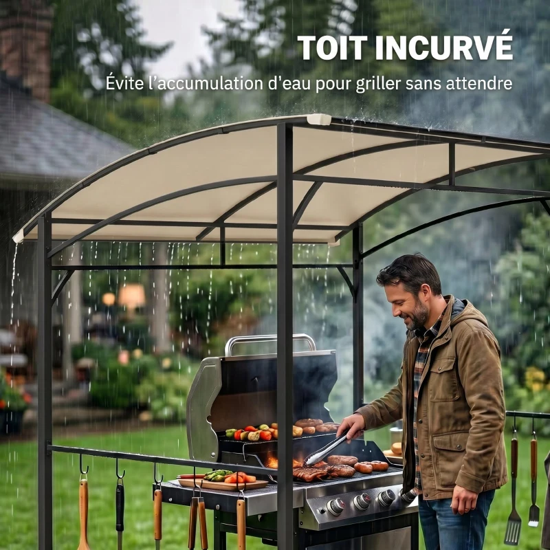 Outsunny Abri pour Barbecue, Tonnelle de Jardin 215 x 150 x 220 cm en Métal avec Crochets pour Terrasse, Jardin, Cour, Beige