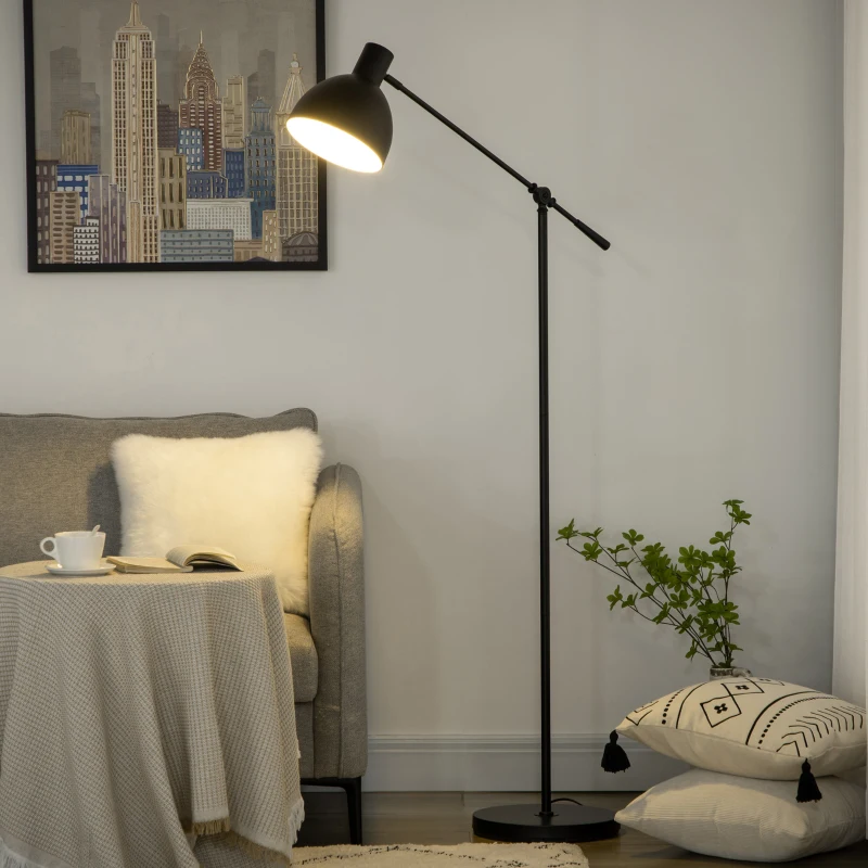 HOMCOM Candeeiro de pé para sala 40 W altura ajustável, abajur e braço orientável, interruptor no pé, soquete E27, preto