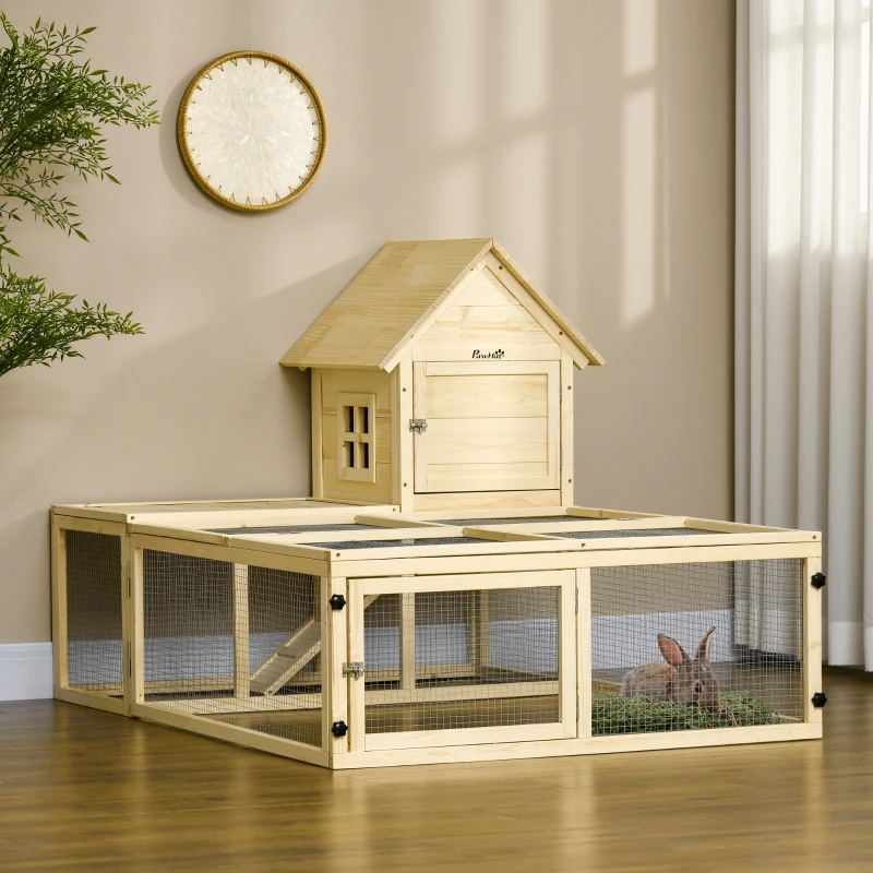 PawHut Gaiola em madeira para animais chalé para coelho 2 níveis com área de corrida rampa e portas trancáveis