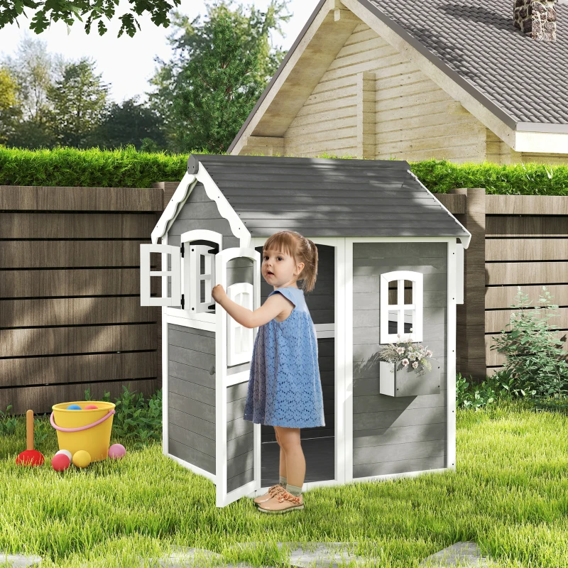 Outsunny Casinha Infantil para Crianças, Interior e Exterior, com Porta, Janelas e Canteiro, Madeira de Pinho, Cinza