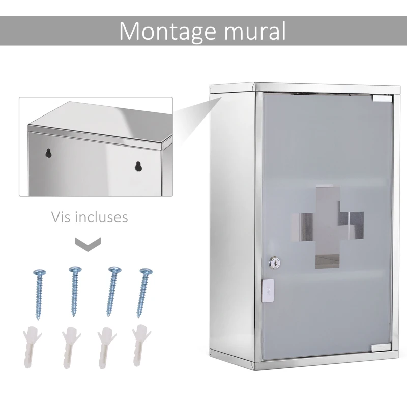 HOMCOM Armoire à pharmacie murale à 3 niveaux en acier inoxydable avec porte verrouillable en verre avec 2 clés