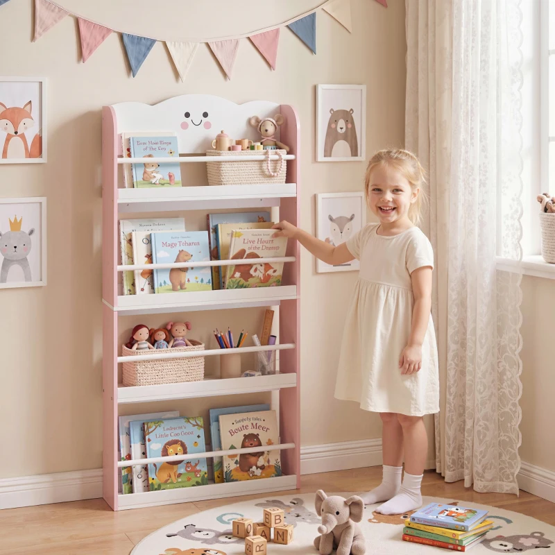AIYAPLAY Libreria Montessoriana per Bambini 3-6 Anni con Tema Zucchero Filato, 4 Ripiani in Legno, per Cameretta, Rosa