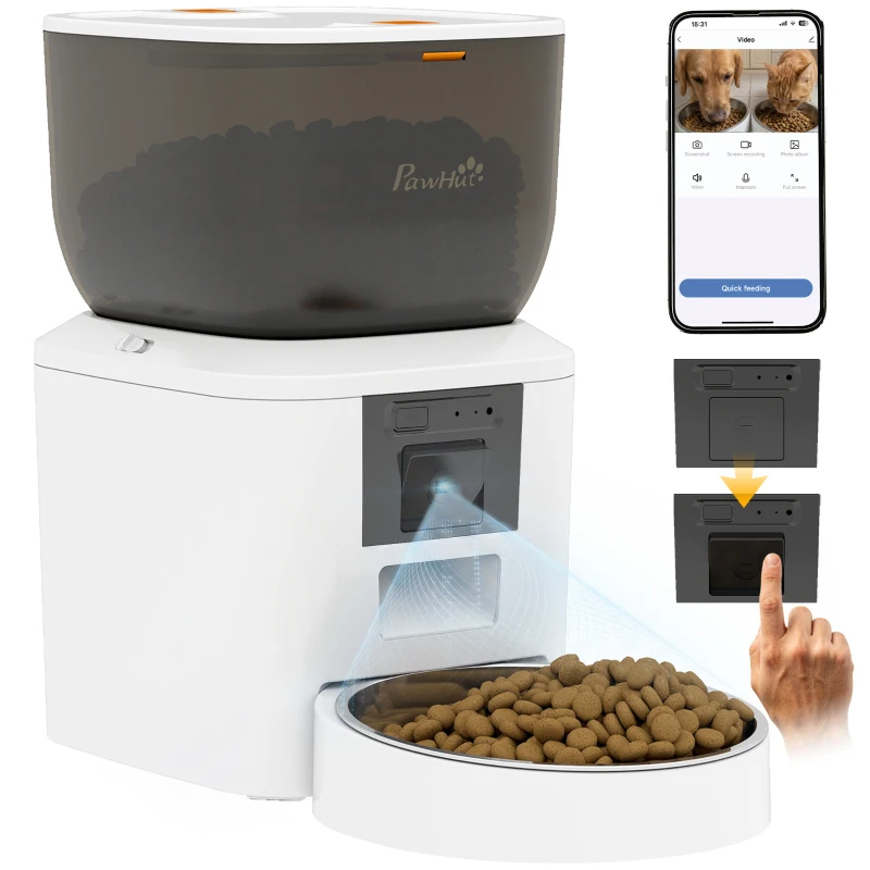 PawHut Distribuitor Automat de Hrană pentru Pisici și Câini 4L, WiFi 2,4G, Control din Aplicație cu Cameră, Bol, Alb