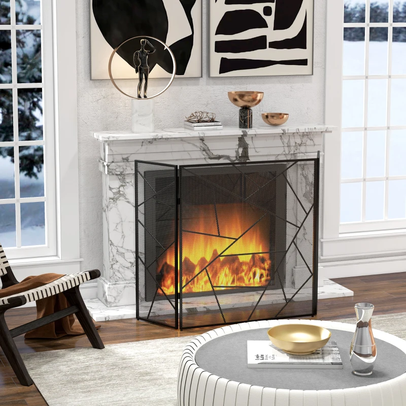 HOMCOM Pare feu cheminée pliable 3 panneaux en acier avec décor géométrique et pieds antidérapants, 135l x 1,2P x 85H cm, noir