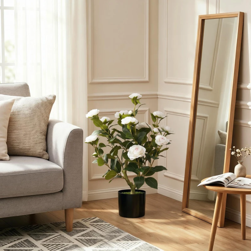 HOMCOM Planta Artificial de Camelia 65cm Árbol Artificial en Maceta con Flores de Seda Realistas 116 Hojas Efecto Musgo Blanco