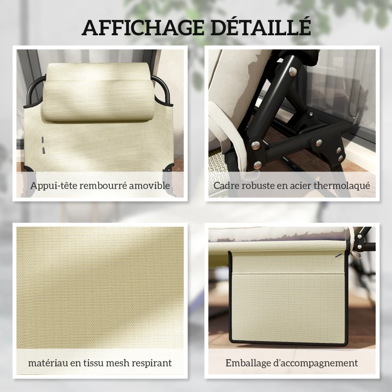 Outsunny Lot de 2 transats bains de soleil pliable avec dossier inclinable 4 positions - appui-tête et matelas épais beige