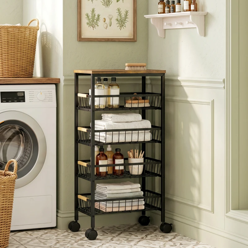 HOMCOM Beistellwagen auf Rollen 4 herausnehmbare Körbe Belastung 15 kg Metallrahmen für Esszimmer 40x24x81,5 cm Rustikales Braun