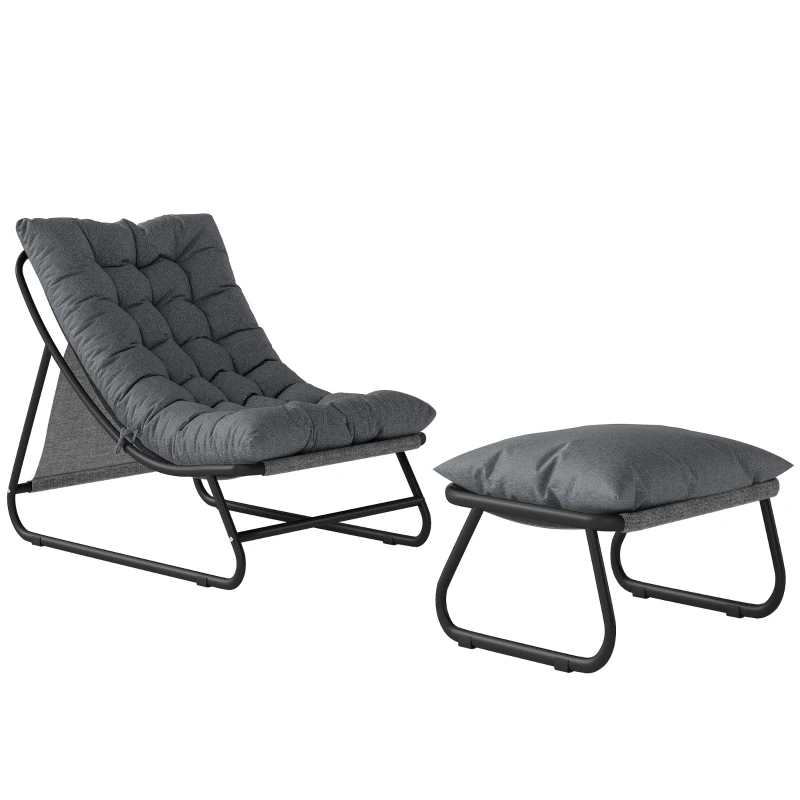Outsunny Fauteuil de Jardin Relax avec Repose-pieds 2 Pièces avec Coussin Ultra Épais 13cm Tissu Cationique Gris