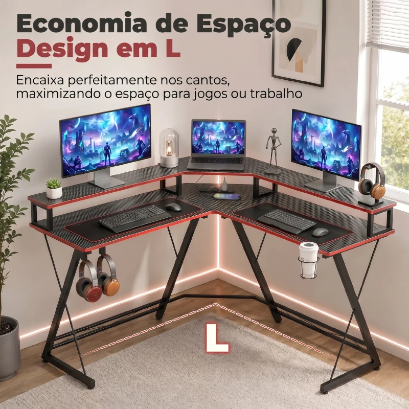 HOMCOM Secretária de Canto com Tomadas em Forma de L 128x128 cm com Suporte para Monitor Gancho e Suporte para Copos Preta