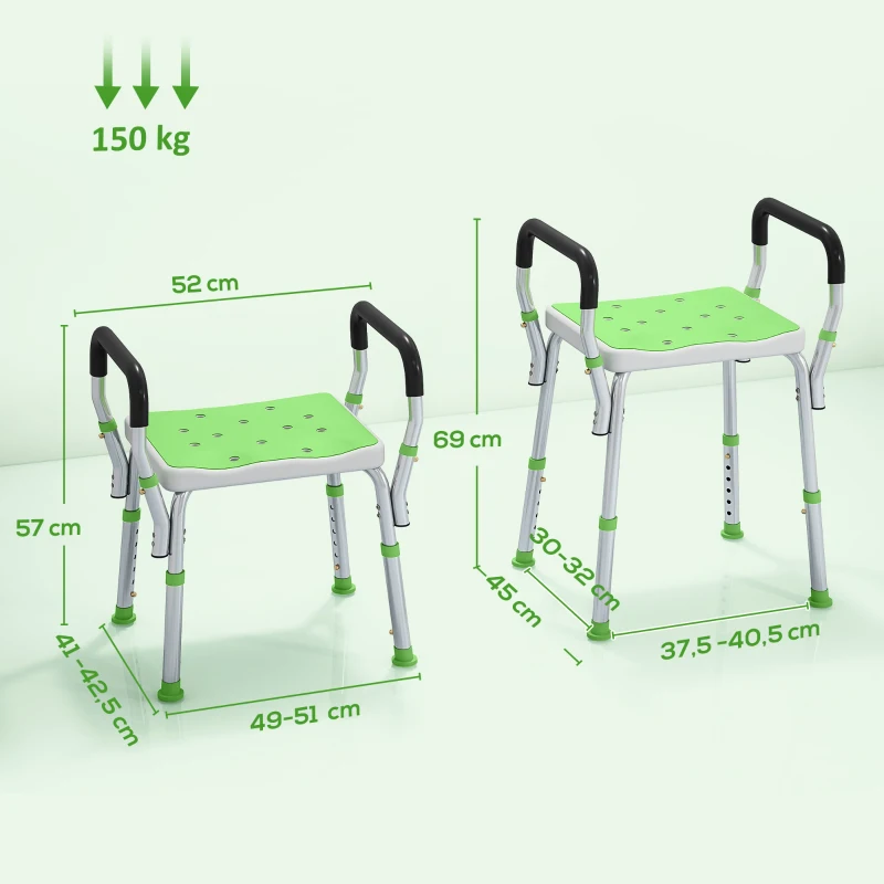 HOMCOM Sgabello Doccia in Alluminio ad Altezza Regolabile con Braccioli e Piedini Antiscivolo, Verde