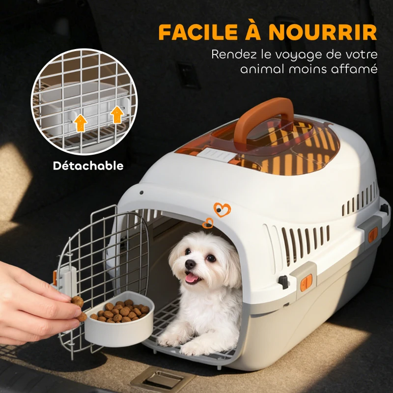 PawHut Caisse de transport chat et chien, cage de transport avec porte acier, bol de nourriture, 49 x 32 x 31 cm, gris et crème