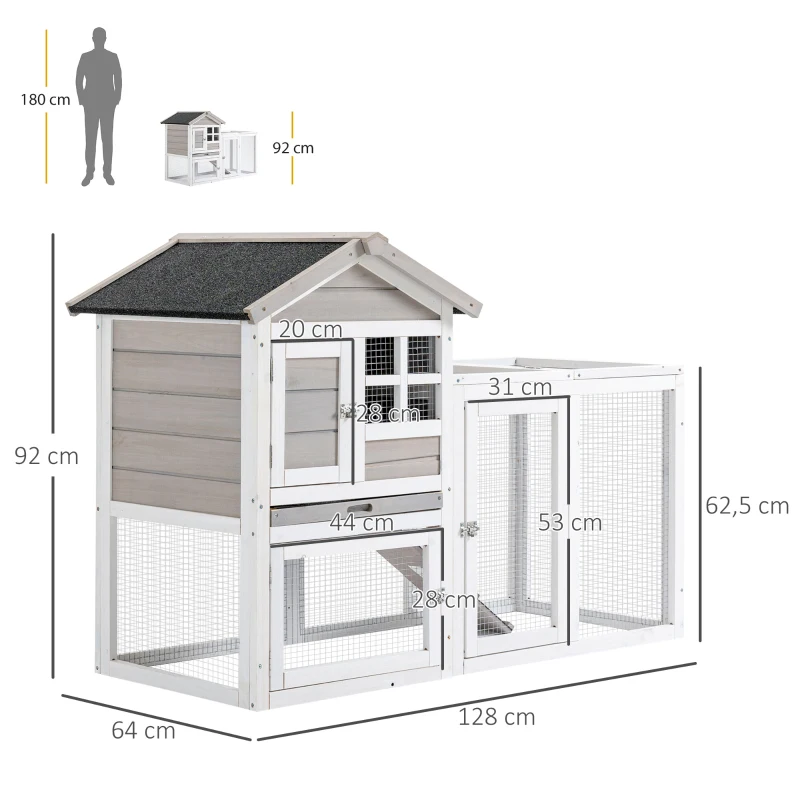 PawHut Gaiola para Coelhos estilo cottage - abrigo superior com rampa e recinto exterior - bandeja deslizante, telhado