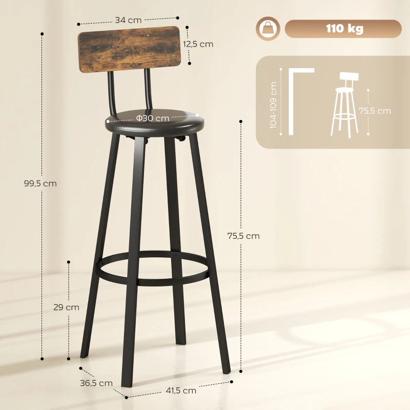 HOMCOM Barhocker 2er Set Tresenhocker Barstuhl mit Fußstütze, Rückenlehne, 75,5 cm Sitzhöhe für Küche & Theke Rustikal Braun