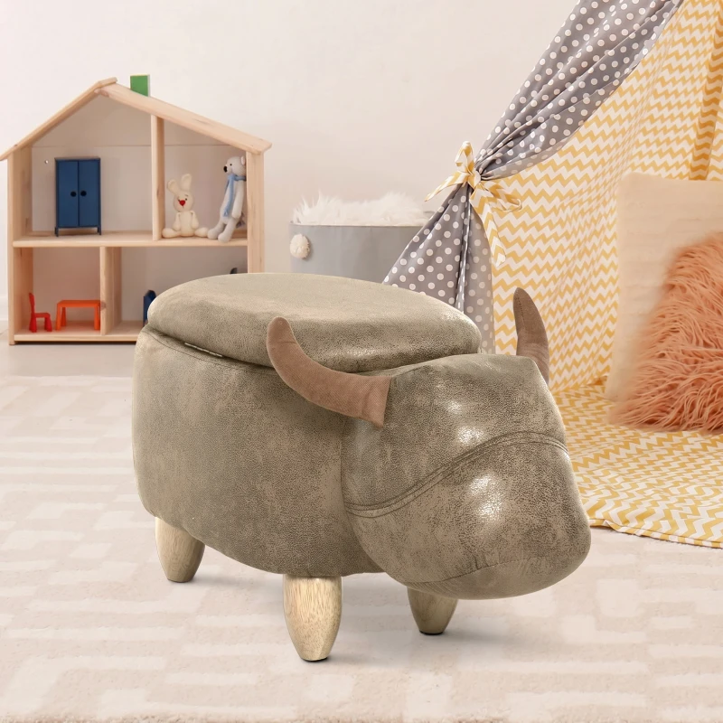 HOMCOM Tabouret Vache - Pouf Vachette - Pouf Taureau Coffre de Rangement 2 en 1 - Pieds Bois d'hévéa revêtement synthétique Aspect Daim Vieilli Marron