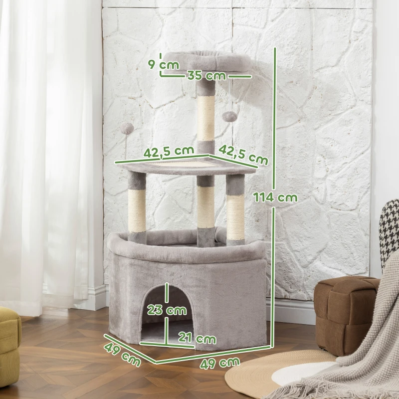 PawHut Árvore para gatos torre de atividades para gatos arranhadores sisal, plataforma, toca, pelúcia, bolas, 49x49x114cm cinza claro