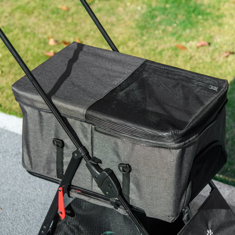 PawHut Carrinho para cães 3 em 1 dobrável cesto de transporte com alça removível almofada 76 x 51 x 100 cm cinza