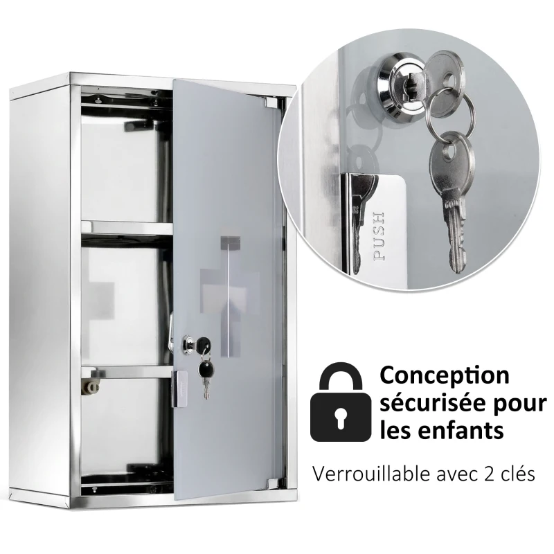 HOMCOM Armoire à pharmacie murale à 3 niveaux en acier inoxydable avec porte verrouillable en verre avec 2 clés