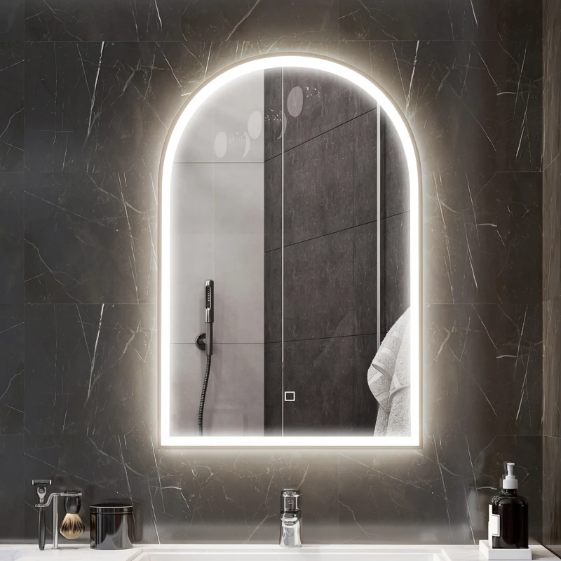 HOMCOM Miroir de salle de bain LED 90 x 60cm, mural, 3 couleurs, arqué cadre en aluminium, désembuage et interrupteur tactile