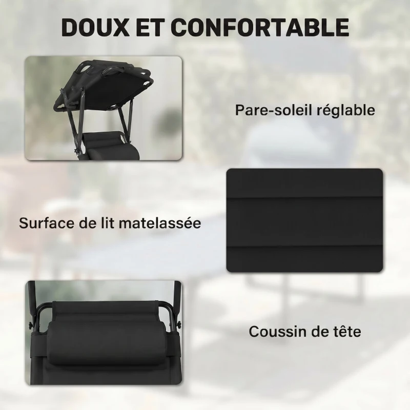 Outsunny Bain de soleil chaise longue pliante avec pare-soleil, appuie-tête inclinable en tissu Oxford 70 x 200 x 45 cm, noir