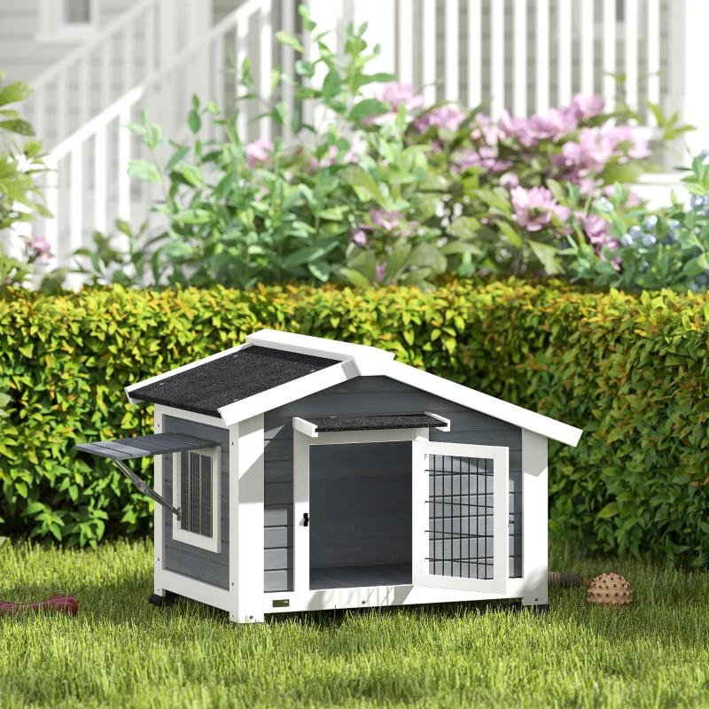 PawHut Niche pour Chien Extérieur Abri Jardin Surélevé Plancher Amovible Auvent de Porte et Toit Imperméable 98x76x69,5cm Gris