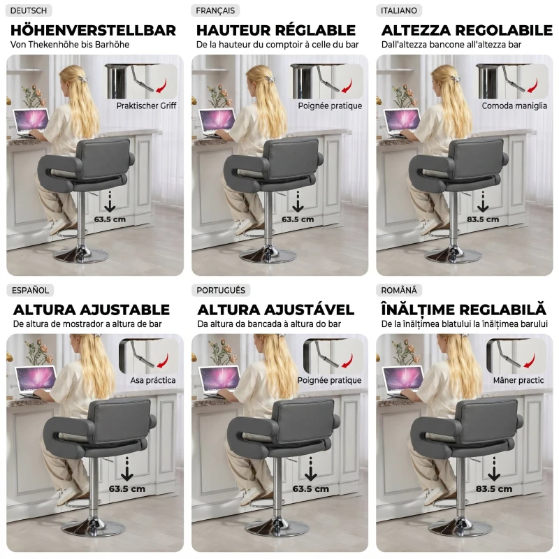HOMCOM Scaun de Bar Reglabil, Șezut Extra Large Rotativ din Piele Ecologică PU, Gri
